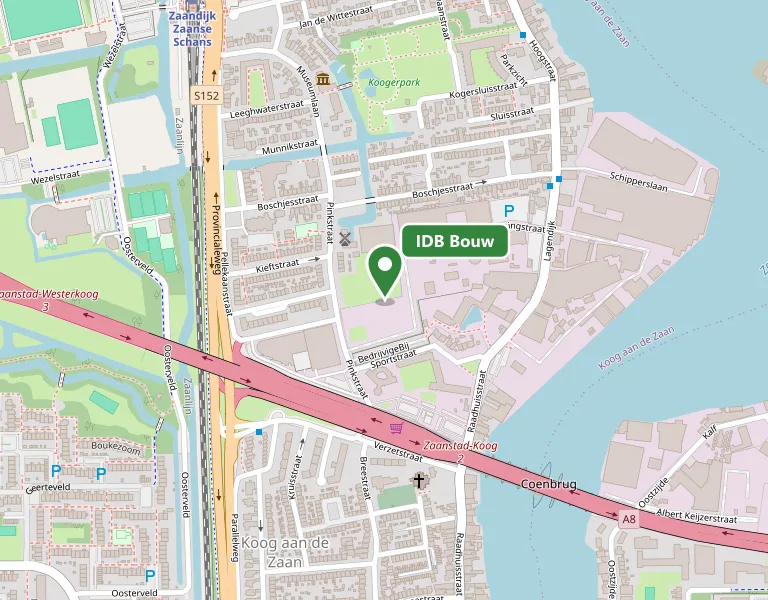 Kaart met de locatie van IDB Bouw aan de Lagendijk 1-3 in Koog aan de Zaan
